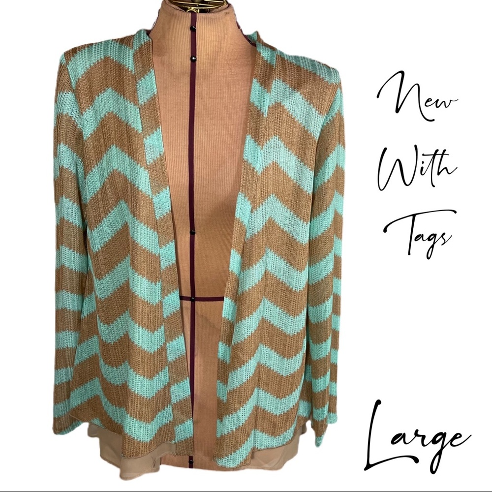NWT Large Taupe and Turquoise Mint Chevron Knit Open Draped Cardigan by Buttons